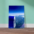 Aluminum print of a cross-Atlantic airplane turbine view artwork from the Travel Collection, showcasing a sleek aircraft engine.