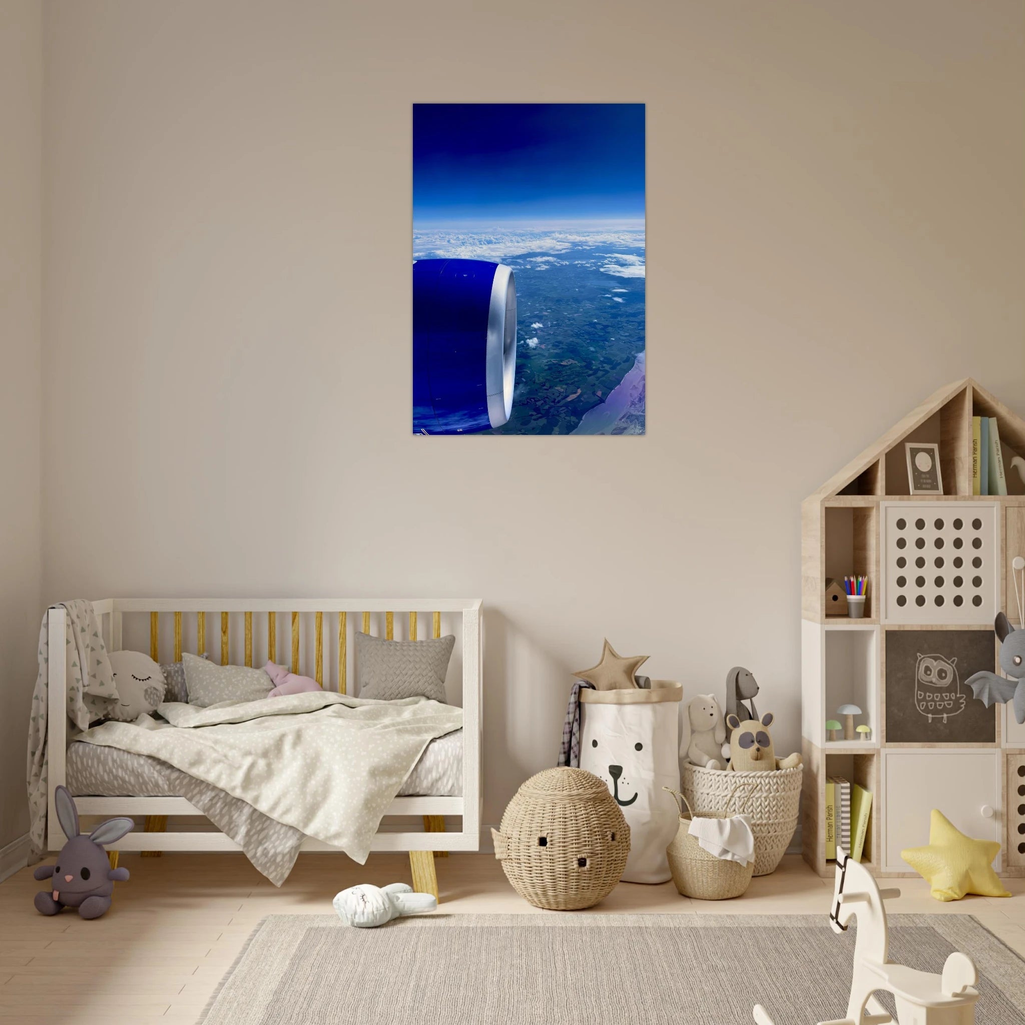 Aluminum print of an airplane turbine with a cross-Atlantic view, part of the Studio Edition travel collection artwork.