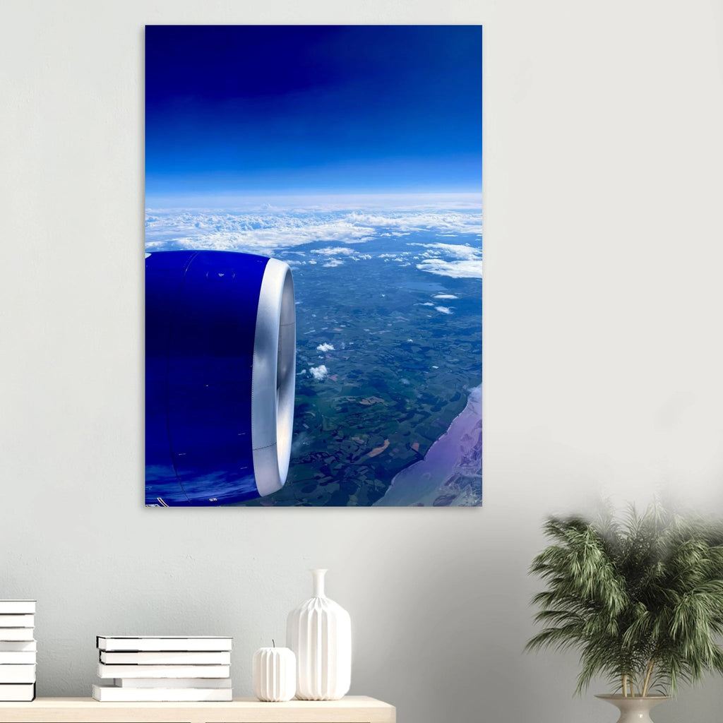 Aluminum print of a cross-Atlantic airplane turbine view, part of the Travel Collection, Studio Edition by My Store.