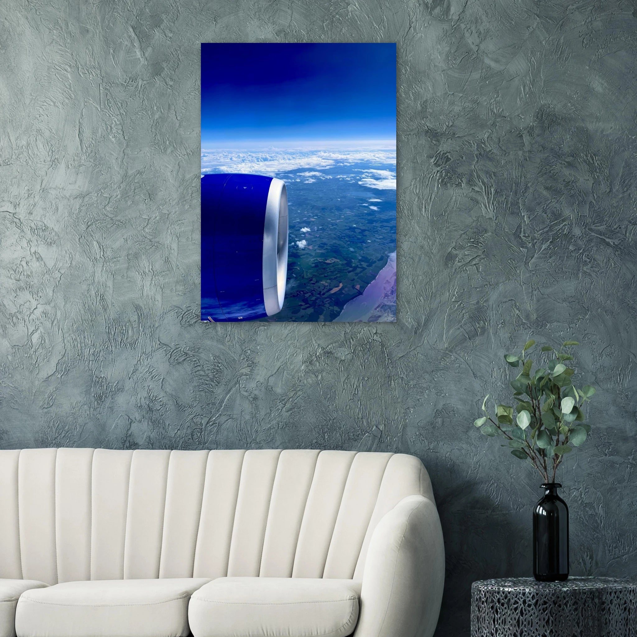 Aluminum print of a cross-Atlantic airplane turbine view artwork, part of the Travel Collection, Studio Edition by My Store.