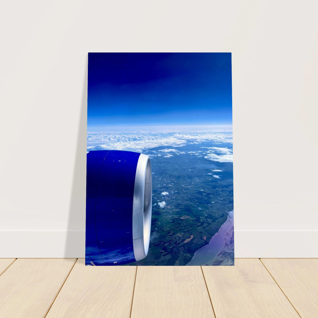 Aluminum print of an airplane turbine with a cross-Atlantic view, part of the Travel Collection Studio Edition artwork.
