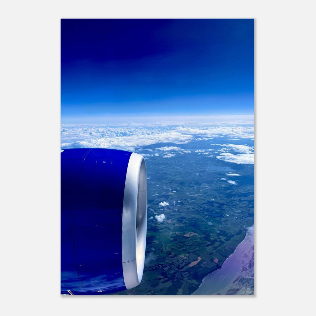 Aluminum print of an airplane turbine with a cross-Atlantic view, part of the travel collection, studio edition by My Store.