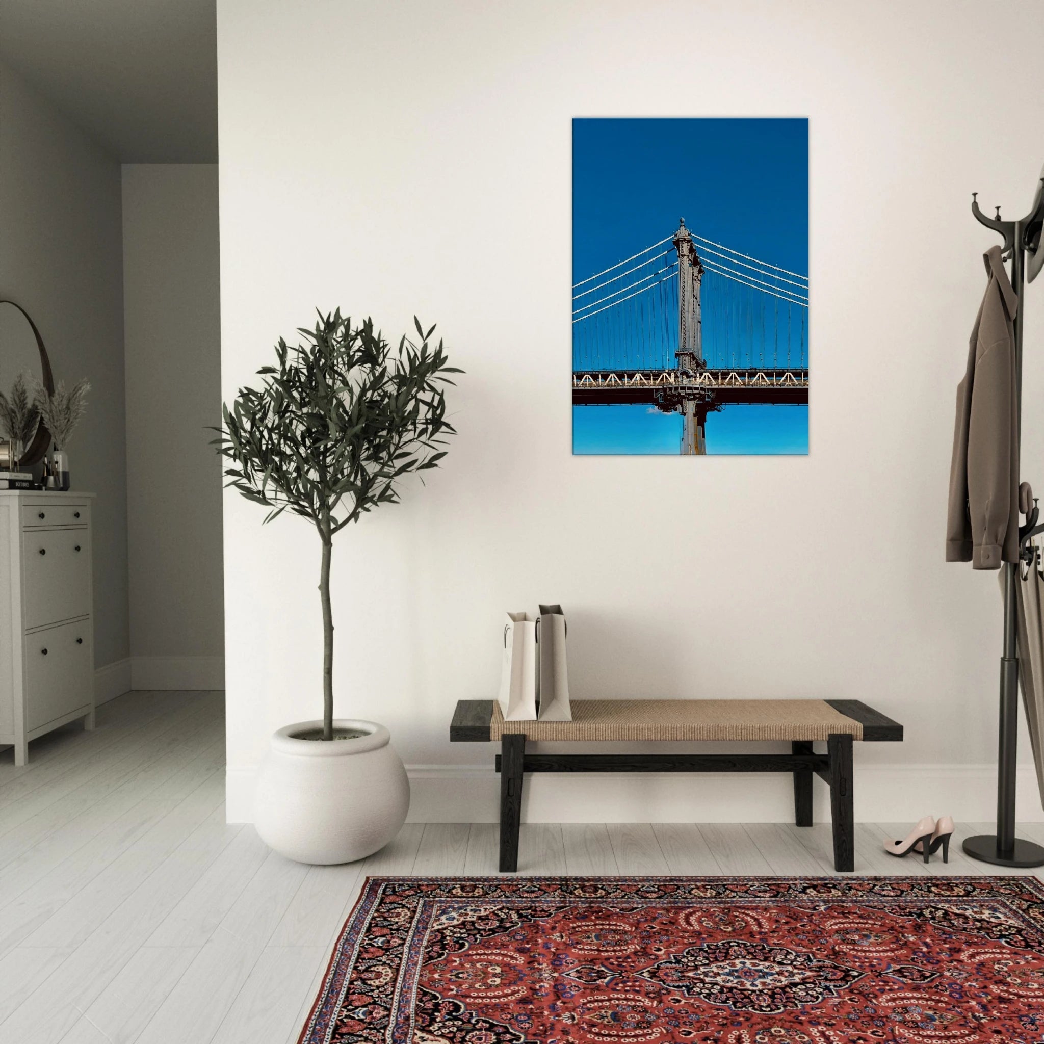 Sunny Winter Day canvas print featuring Manhattan Bridge in NYC, showcasing vibrant winter scenery and urban architecture.