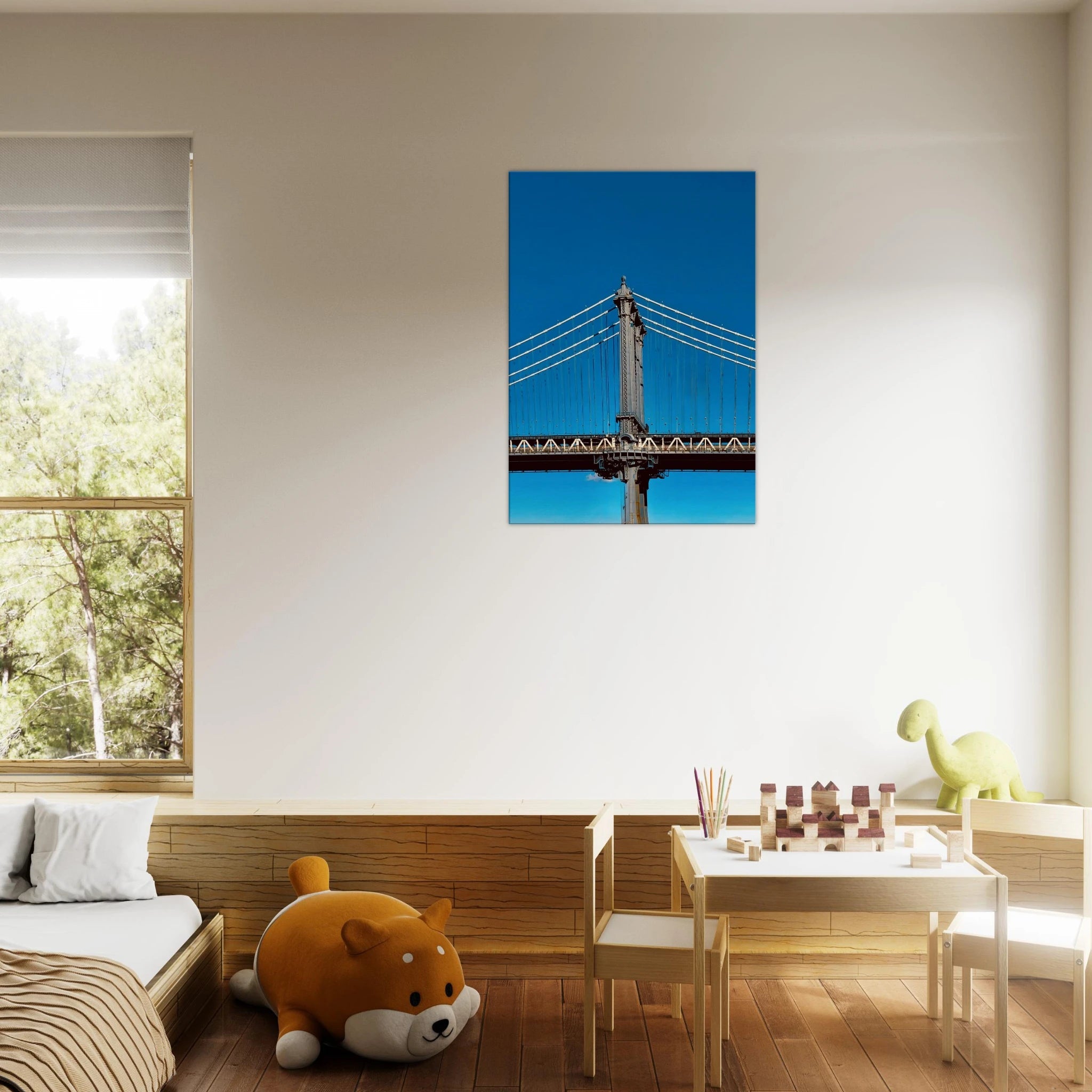 Sunny winter day canvas print of Manhattan Bridge in NYC, featuring vibrant colors and detailed urban landscape artwork.
