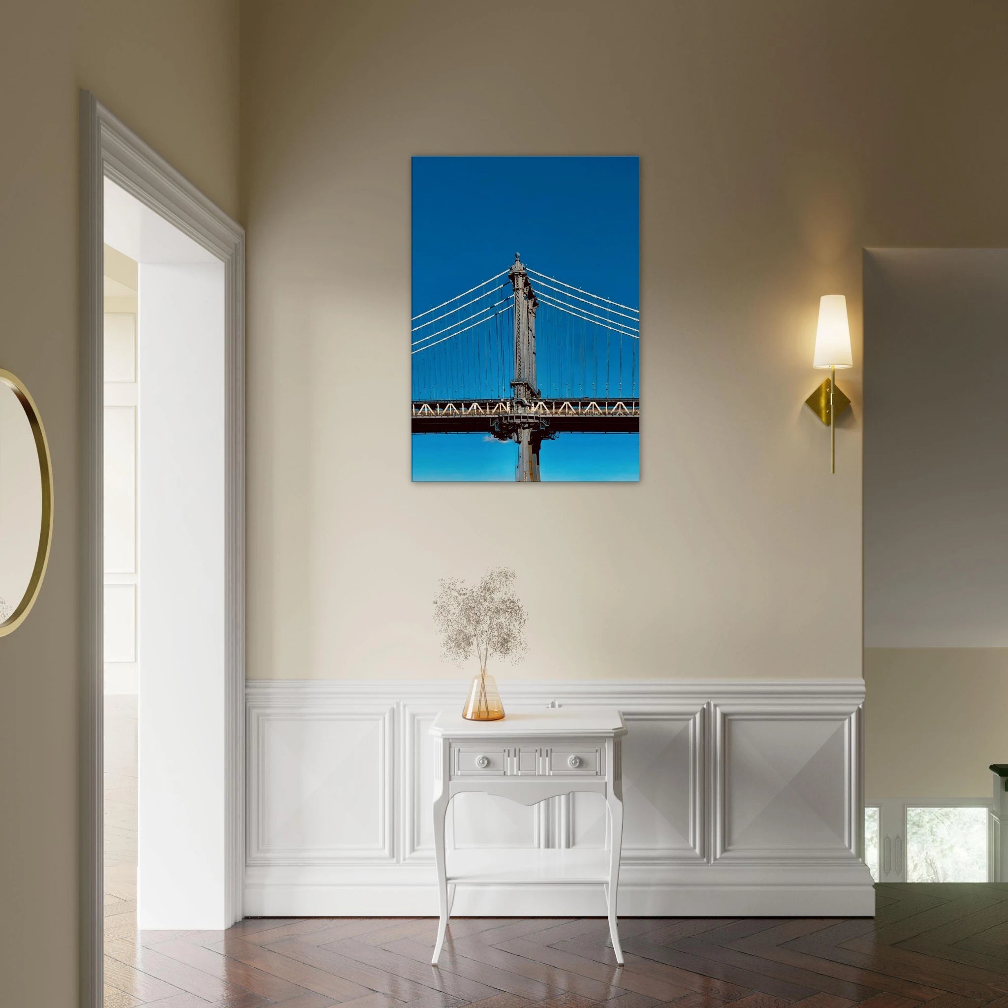 Sunny Winter Day canvas print featuring Manhattan Bridge NYC, showcasing vibrant winter scenery in a travel-themed home decor piece.
