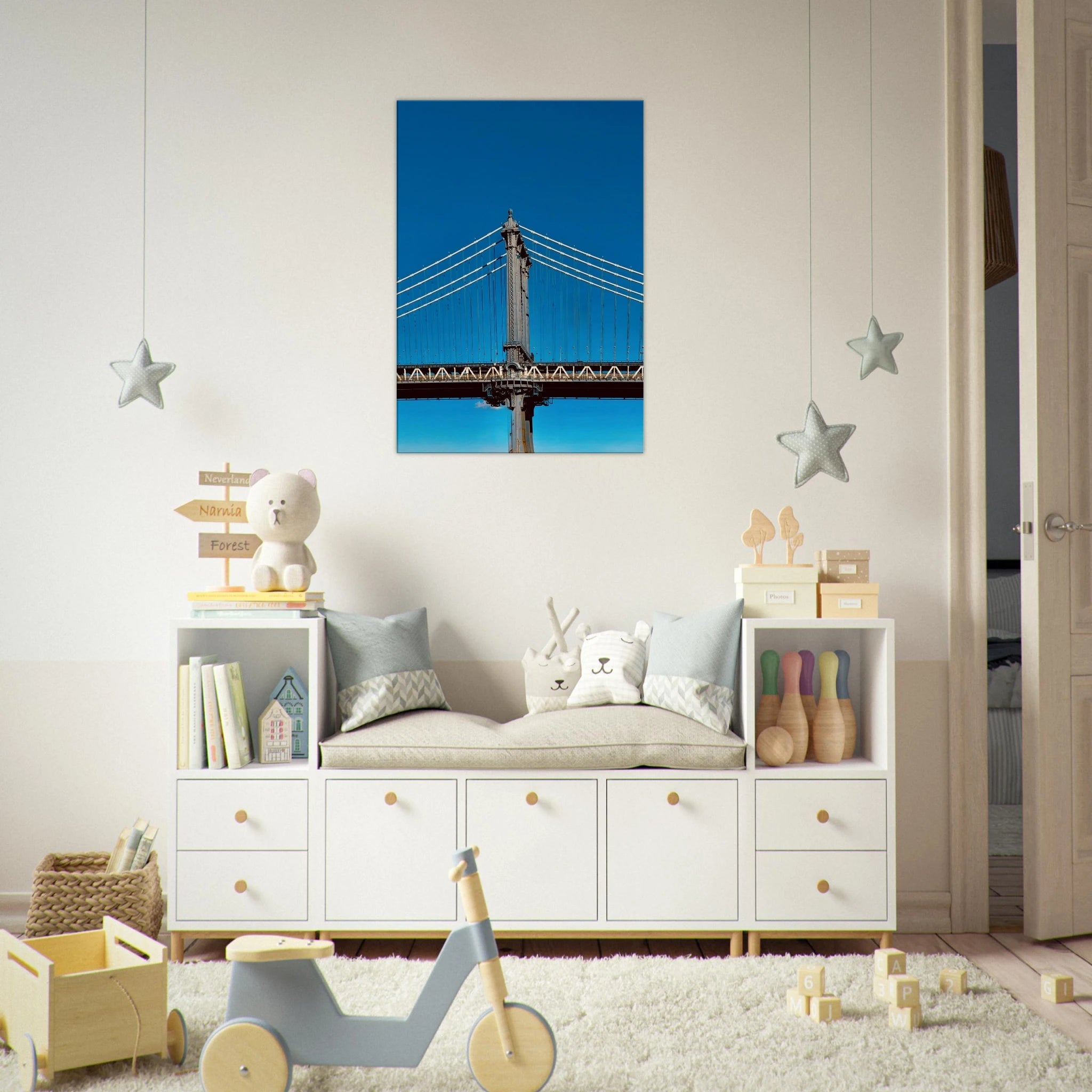 Sunny Winter Day canvas print of Manhattan Bridge in NYC, featuring vibrant winter scenery for home decor.