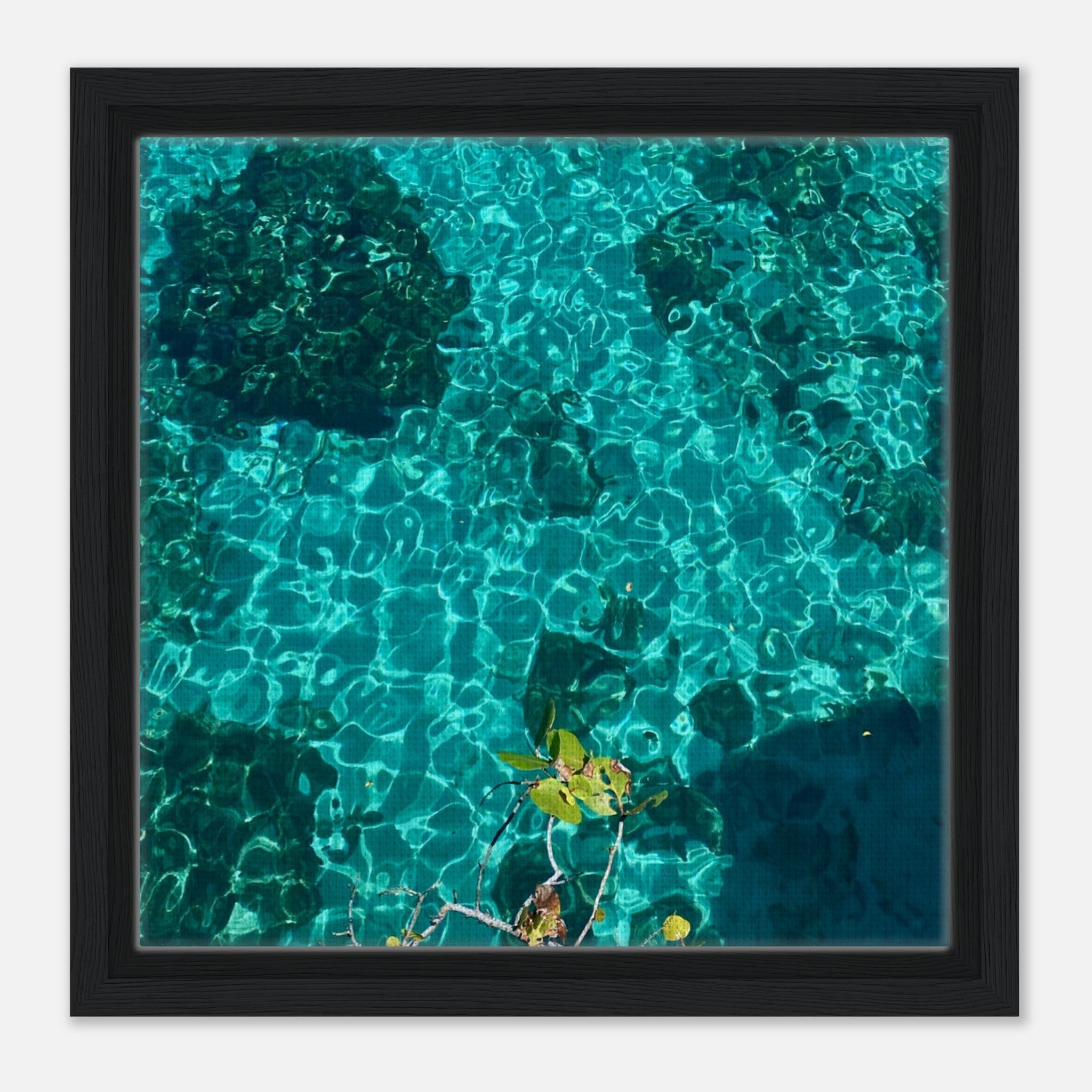 Framed tropical summer coastal artwork print on canvas with vibrant colors, natural decor, in a 20x30 cm wood frame.