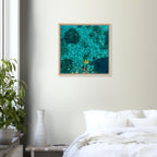Framed tropical summer coastal artwork print on canvas with vibrant natural colors, 20x30 cm wood frame, part of travel collection.