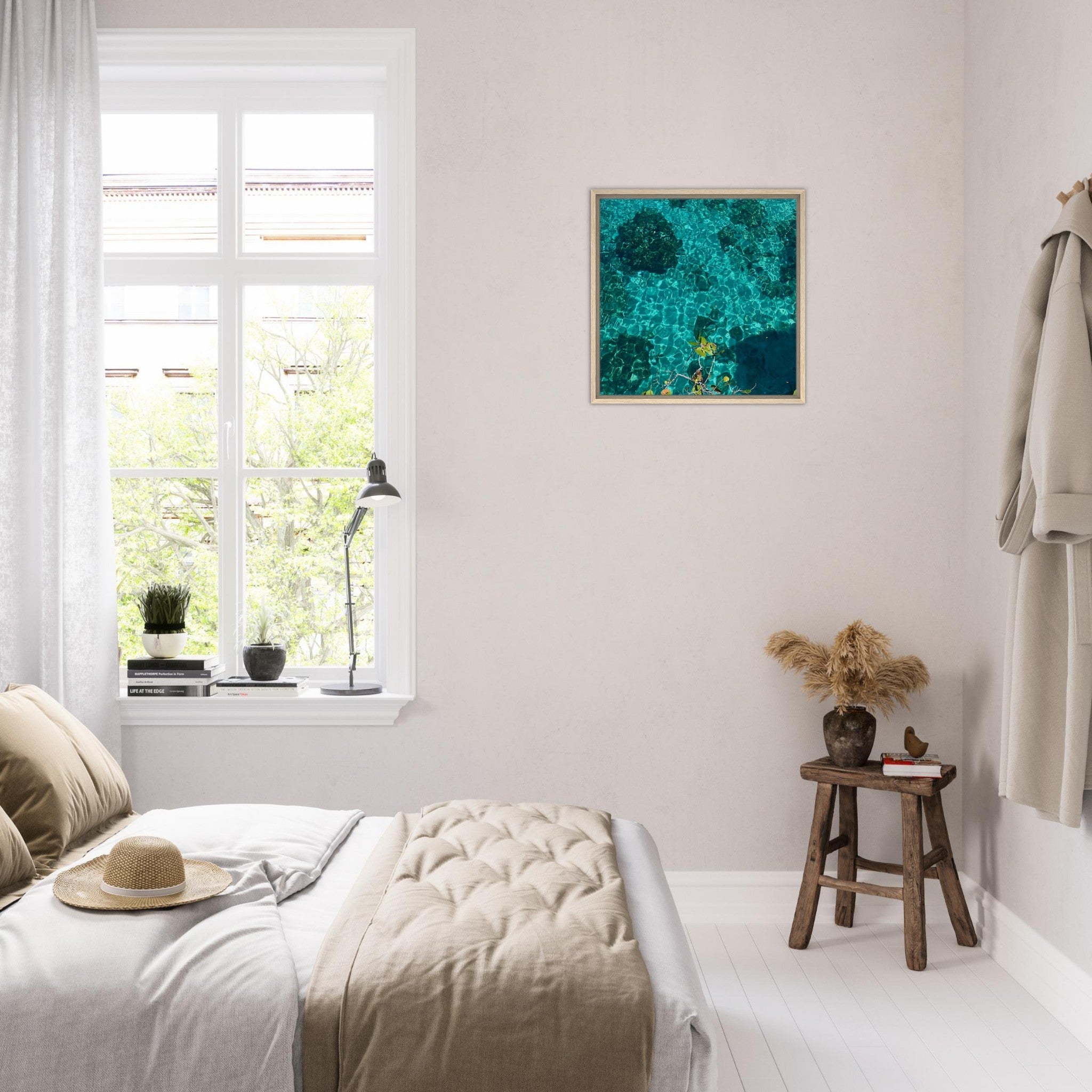 Framed tropical summer coastal artwork print on canvas, vibrant natural decor with a wood frame, part of the travel collection.