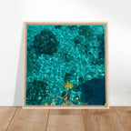 Framed tropical summer canvas print featuring vibrant coastal artwork, natural decor, 20x30 cm wood frame, Studio Edition.