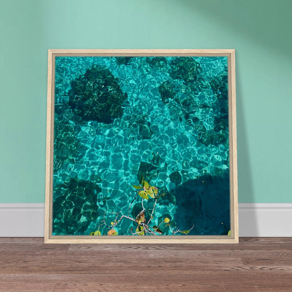 Framed tropical summer coastal artwork print on canvas, vibrant natural décor with wooden frame, part of travel collection studio edition.