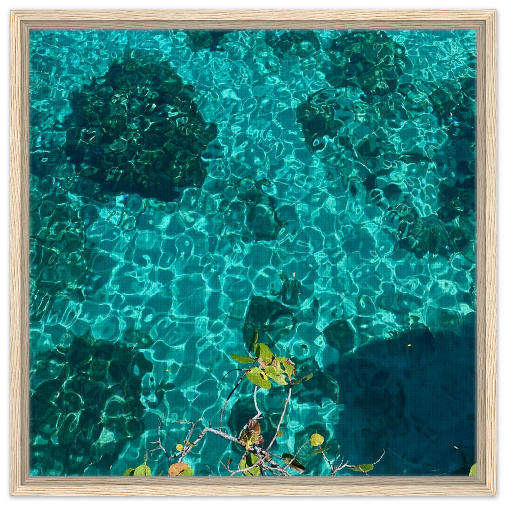 Framed tropical summer canvas print featuring vibrant coastal artwork, natural decor from the Travel Collection, 20x30 cm.