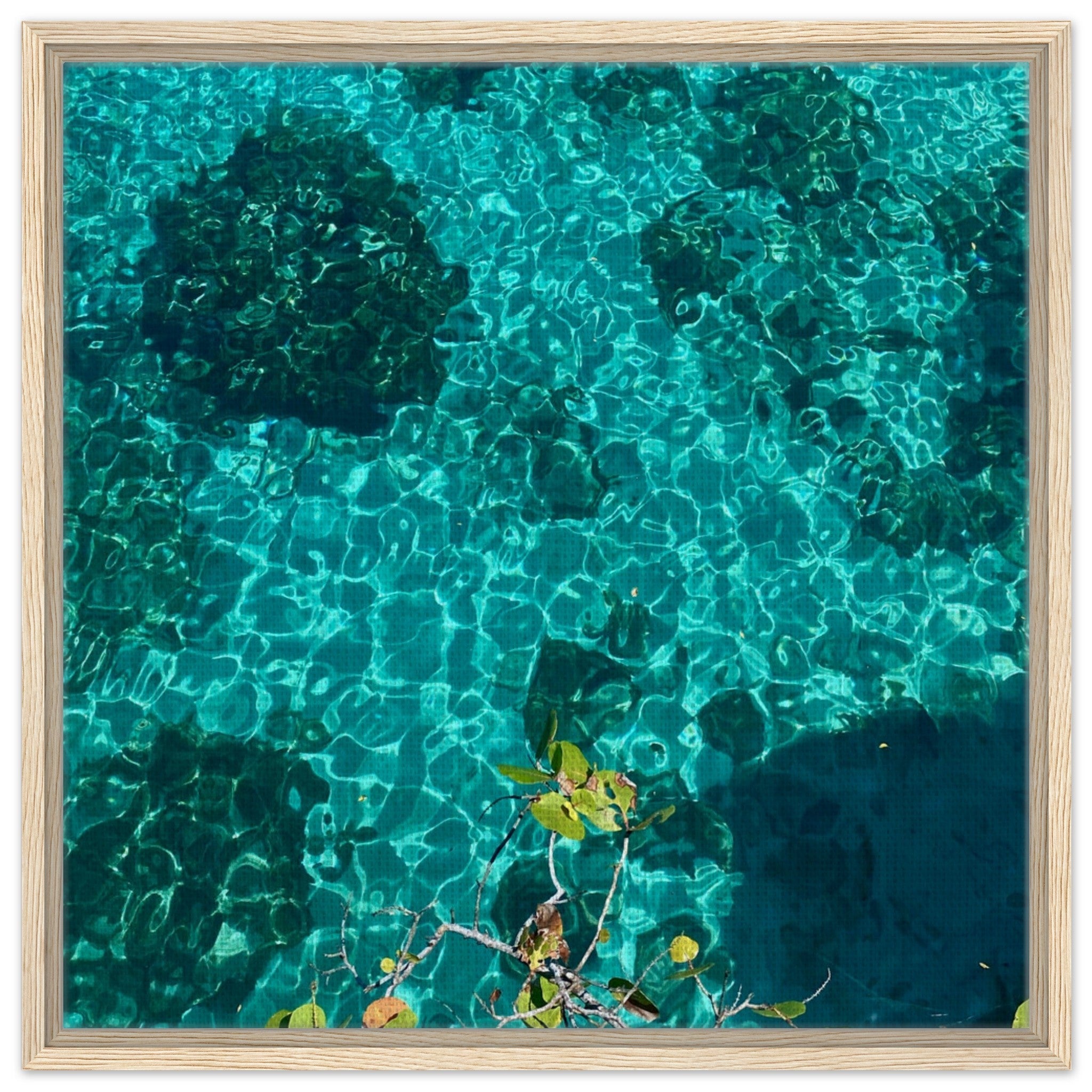 Framed tropical summer canvas print featuring vibrant coastal artwork, natural decor from the Travel Collection, 20x30 cm.