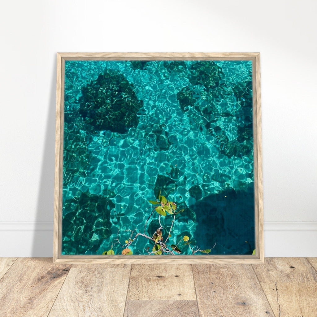 Framed tropical summer coastal artwork print on canvas with vibrant natural colors, 20x30cm, wood frame, travel collection studio edition.