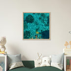 Framed tropical summer coastal artwork print on canvas, vibrant natural decor, 20x30 cm with wood frame, part of travel collection.