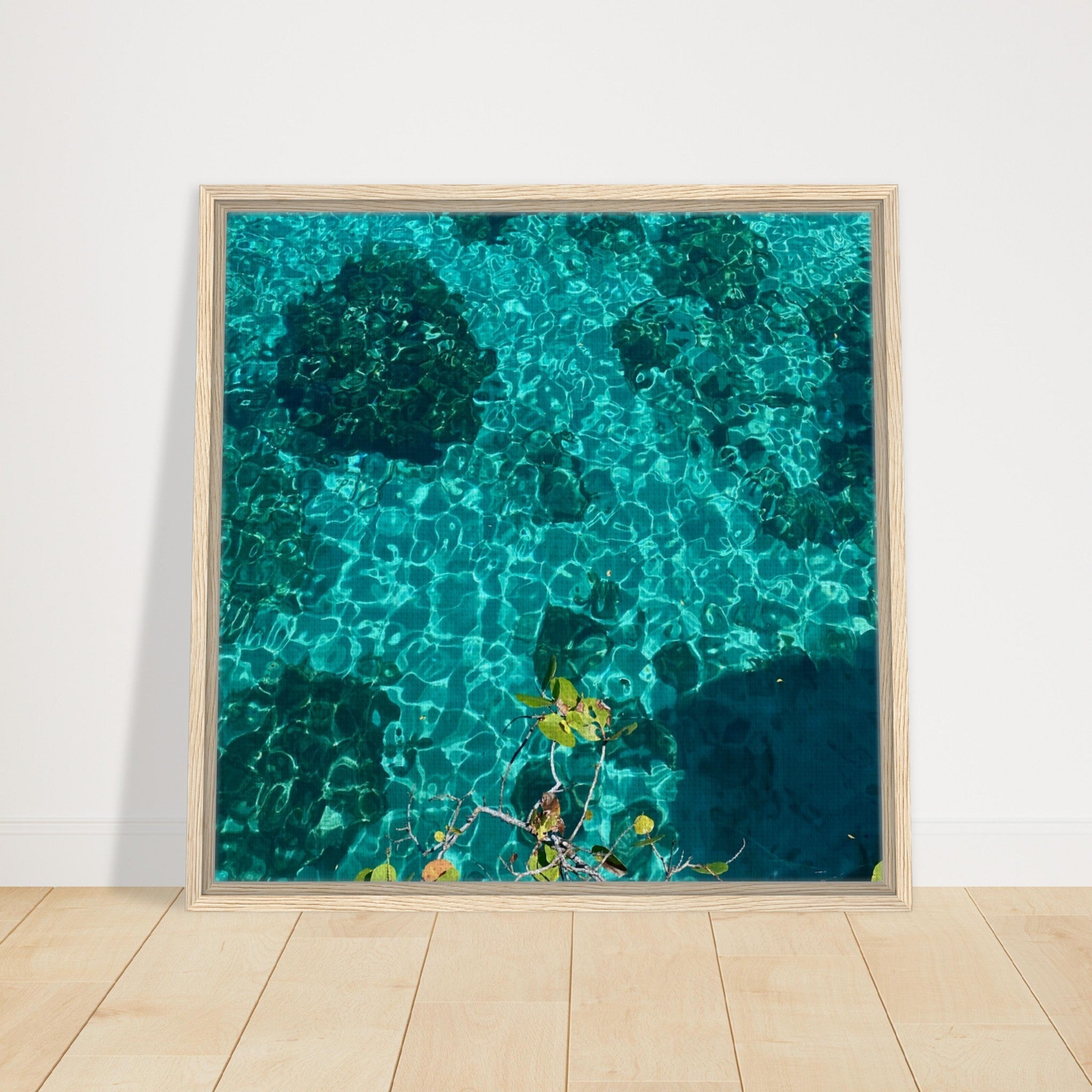 Framed tropical summer coastal artwork print on canvas with vibrant colors, natural decor, in a 20x30 cm wood frame.