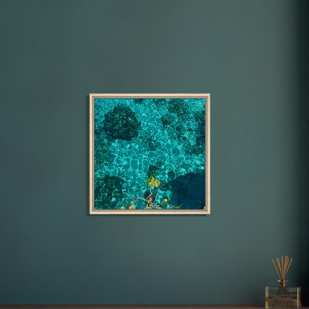 Framed tropical summer coastal artwork print on canvas, vibrant natural décor in a 20x30 cm wood frame from the Travel Collection.