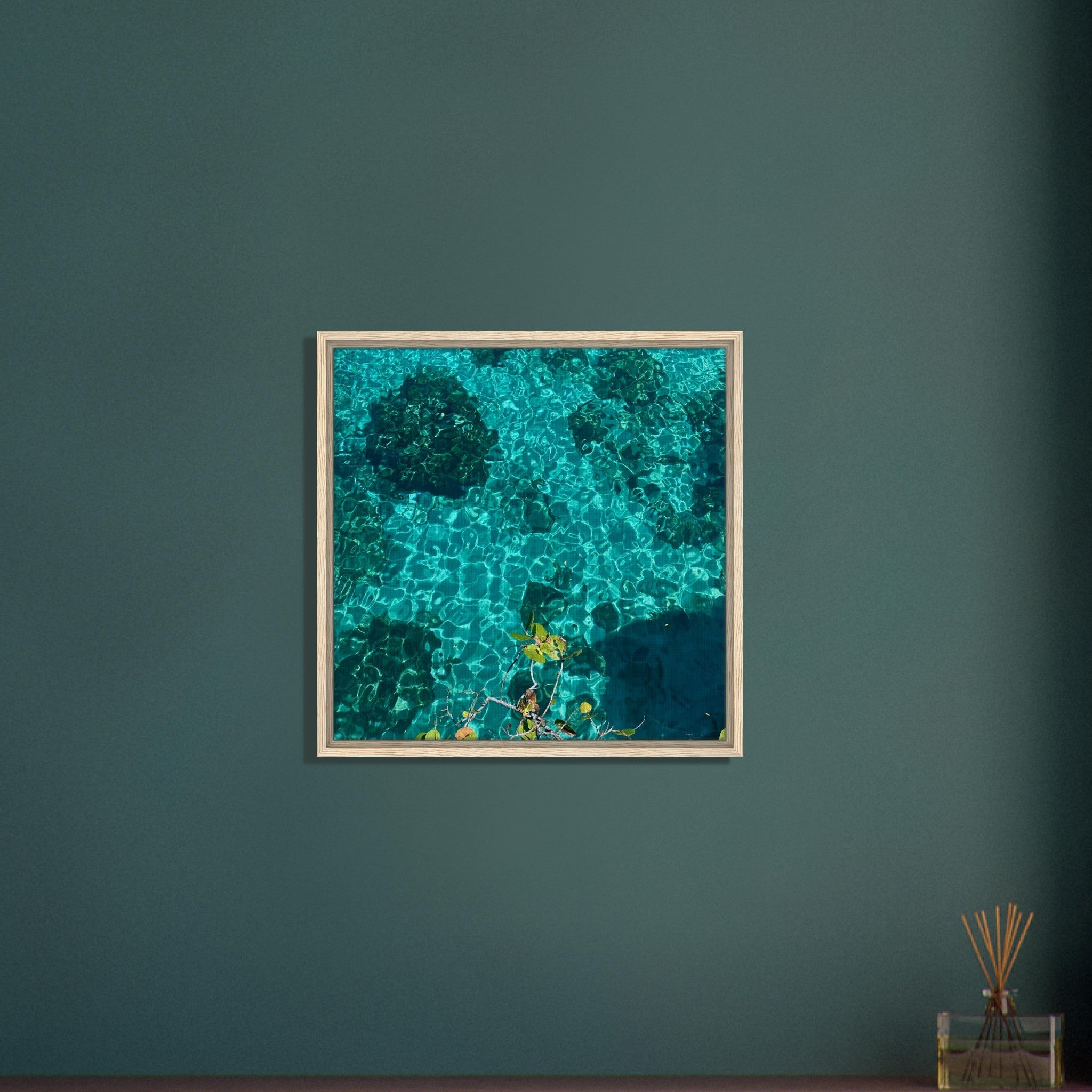 Framed tropical summer coastal artwork print on canvas, vibrant natural décor in a 20x30 cm wood frame from the Travel Collection.