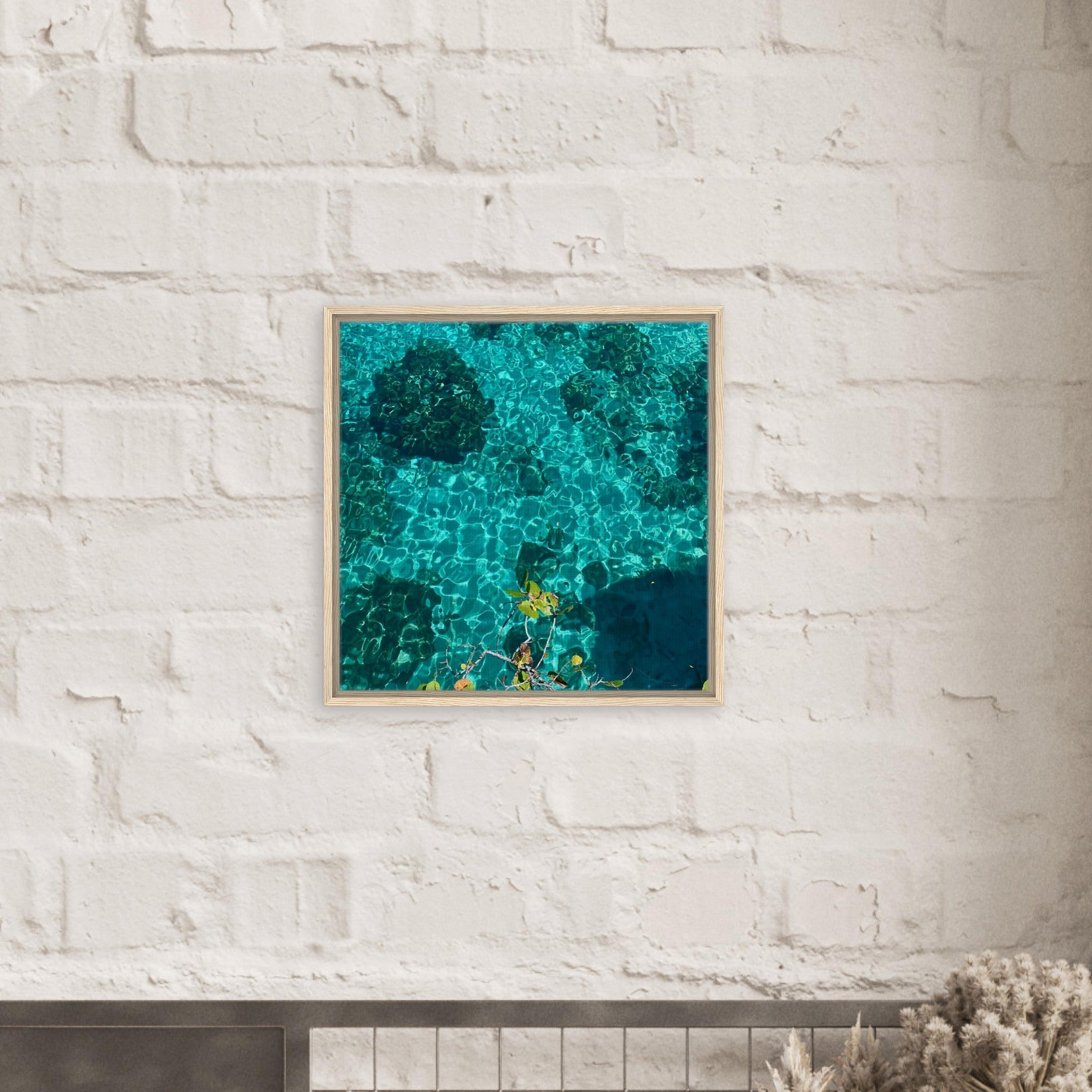 Framed tropical summer coastal art print on canvas with vibrant natural colors, 20x30 cm, in a wood frame.