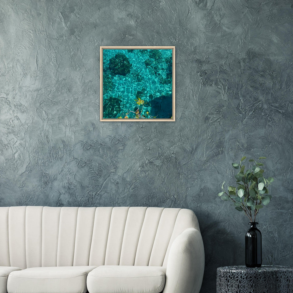 Framed tropical summer coastal artwork print on canvas with vibrant colors, natural decor, in a 20x30 cm wood frame.