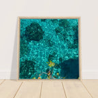 Framed tropical summer canvas print featuring vibrant coastal artwork, natural décor, in a 20x30 cm wooden frame.