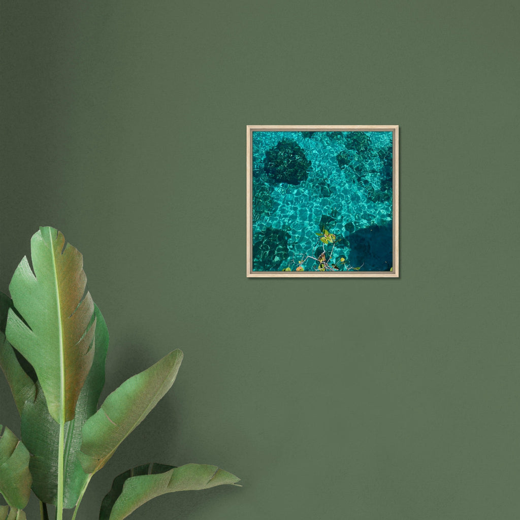 Framed tropical summer coastal artwork print on canvas, vibrant and natural decor, 20x30cm with wood frame, part of travel collection.