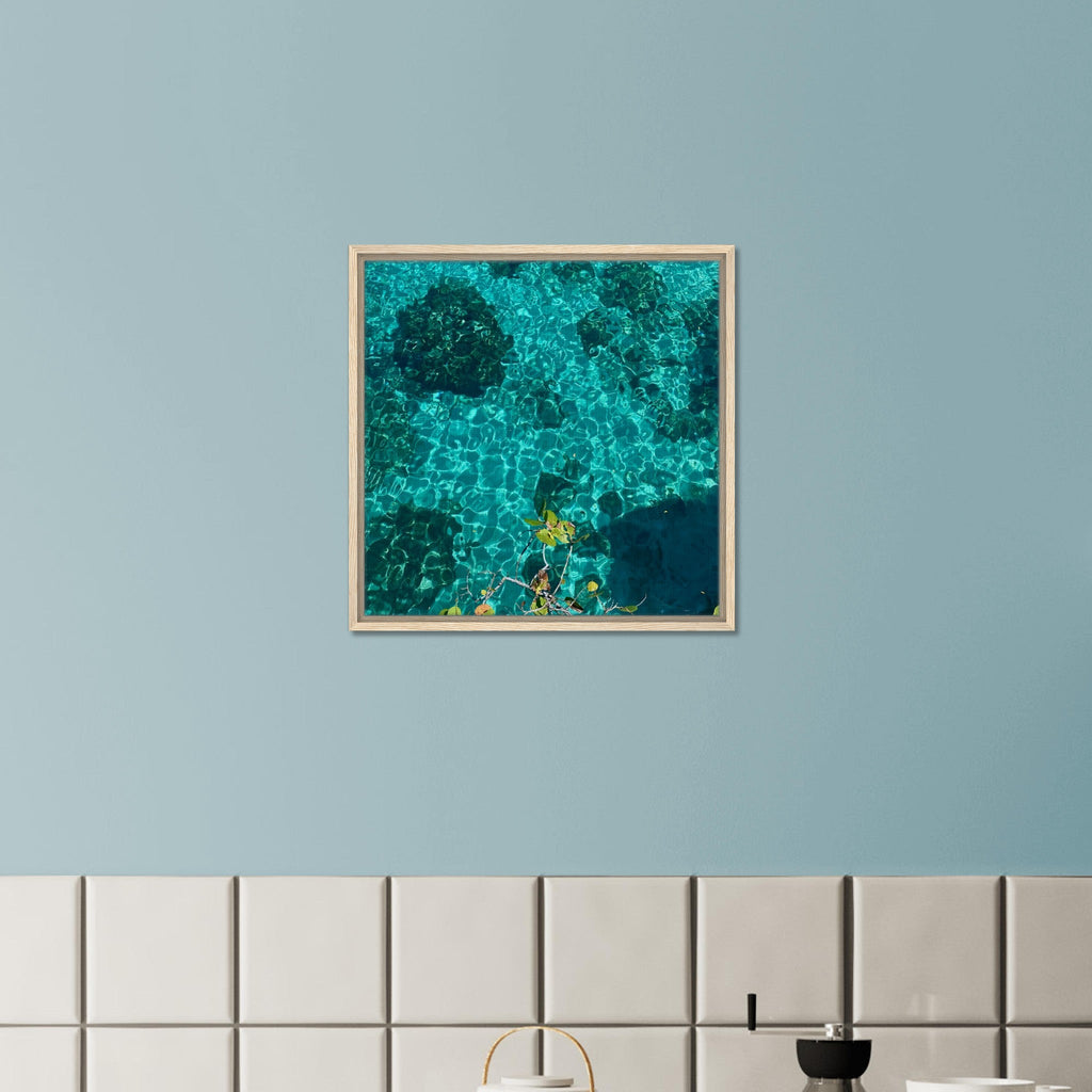 Framed tropical summer coastal artwork on canvas, vibrant and natural decor, 20x30 cm print in wood frame.