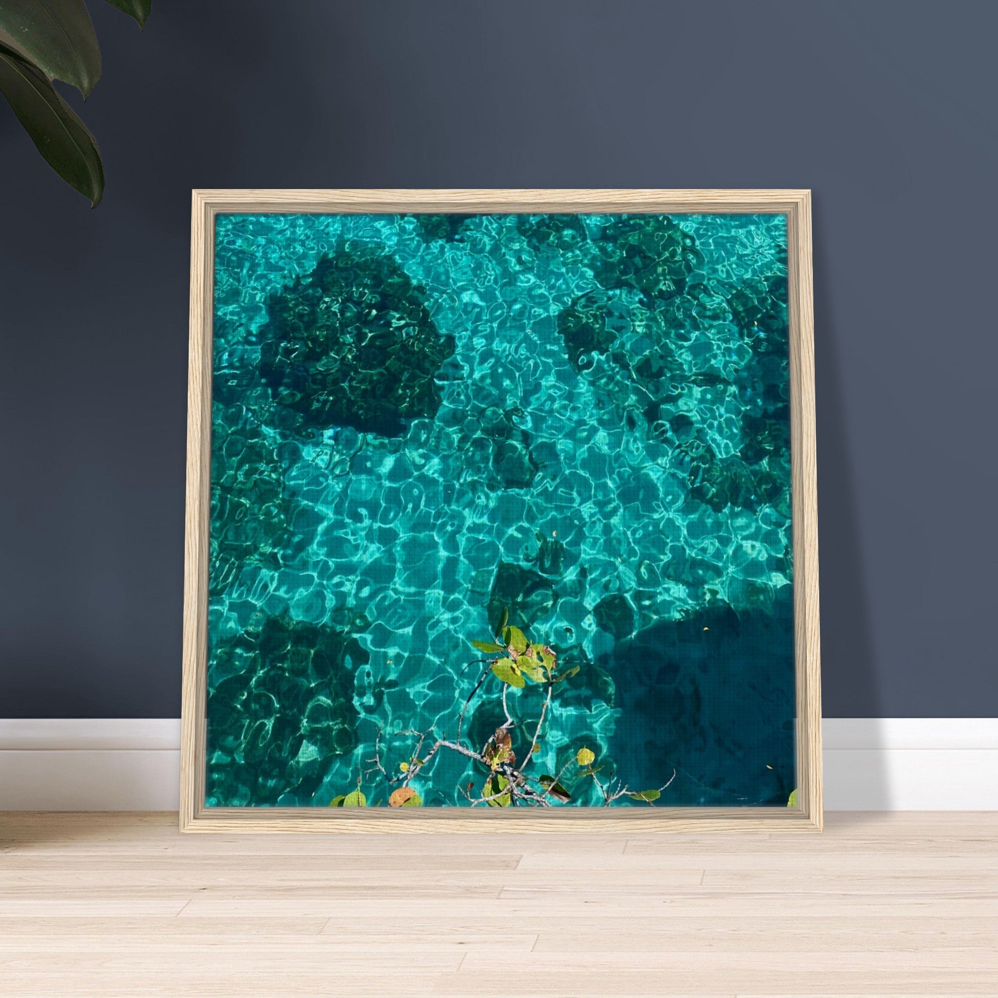 Framed tropical summer coastal artwork print on canvas, vibrant natural decor in 20x30 cm wood frame, travel collection studio edition.
