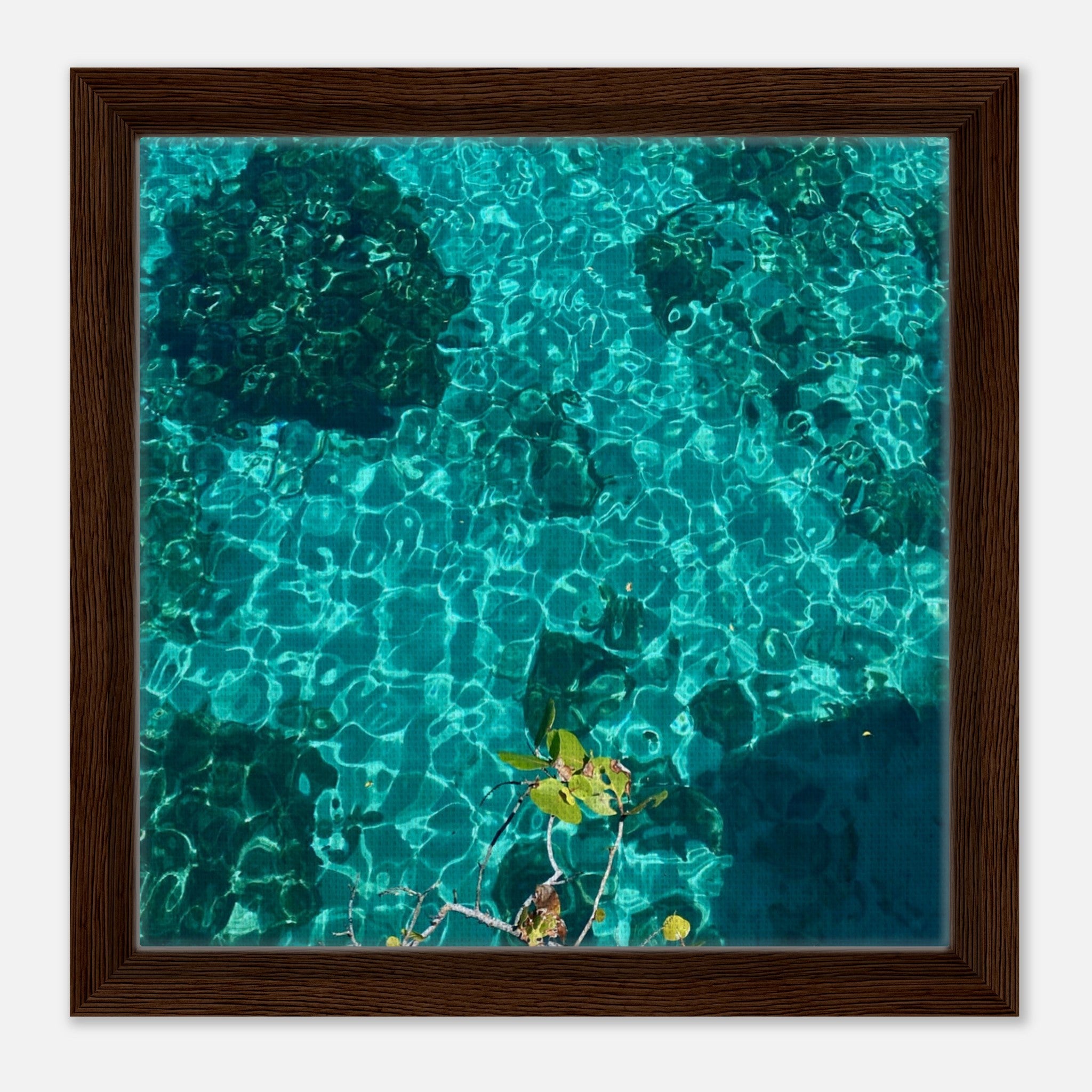 Framed tropical summer canvas art print with vibrant coastal scene, natural decor, 20x30 cm wood frame, from travel collection.