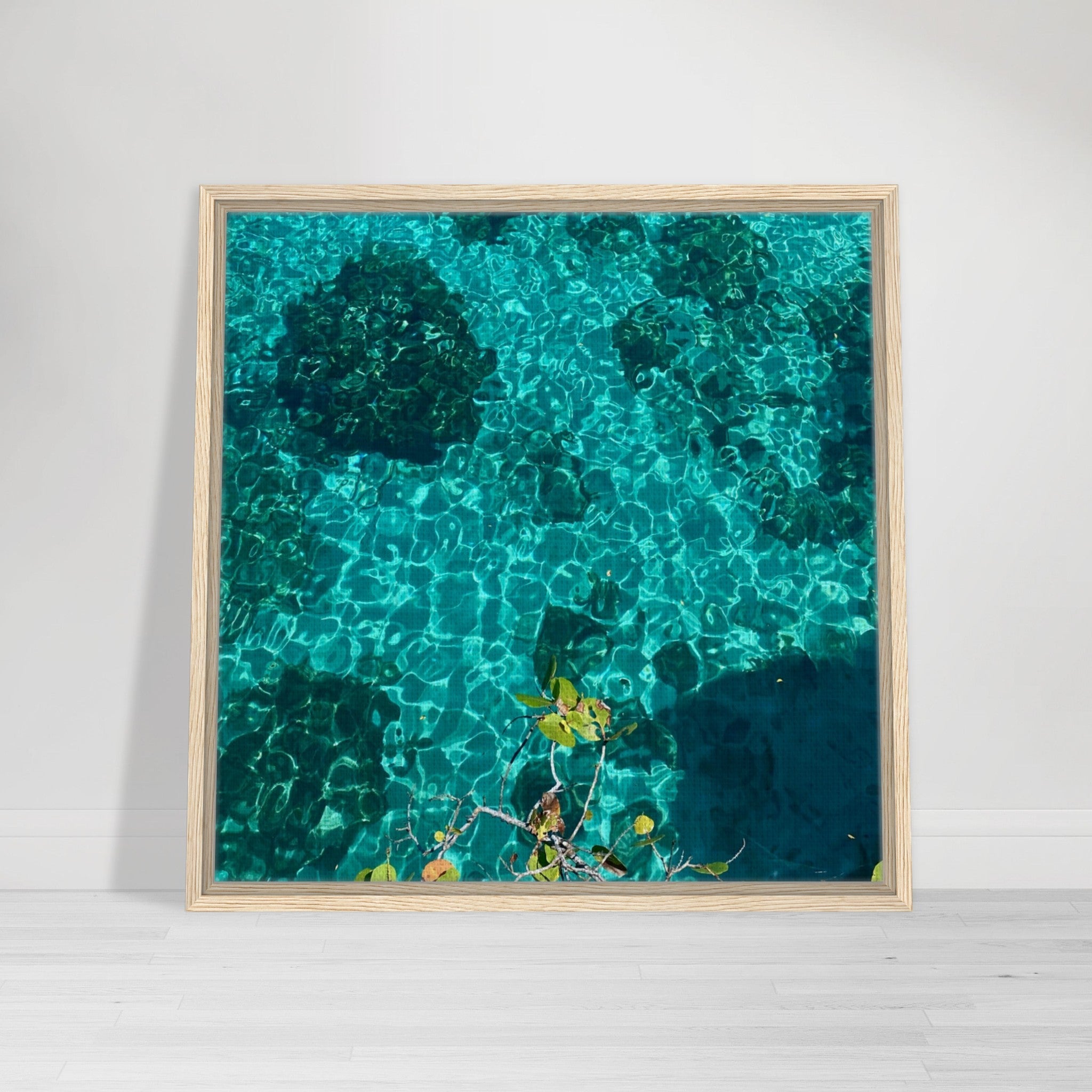 Framed tropical summer coastal artwork print on canvas with vibrant natural colors, 20x30 cm wood frame, part of travel collection.