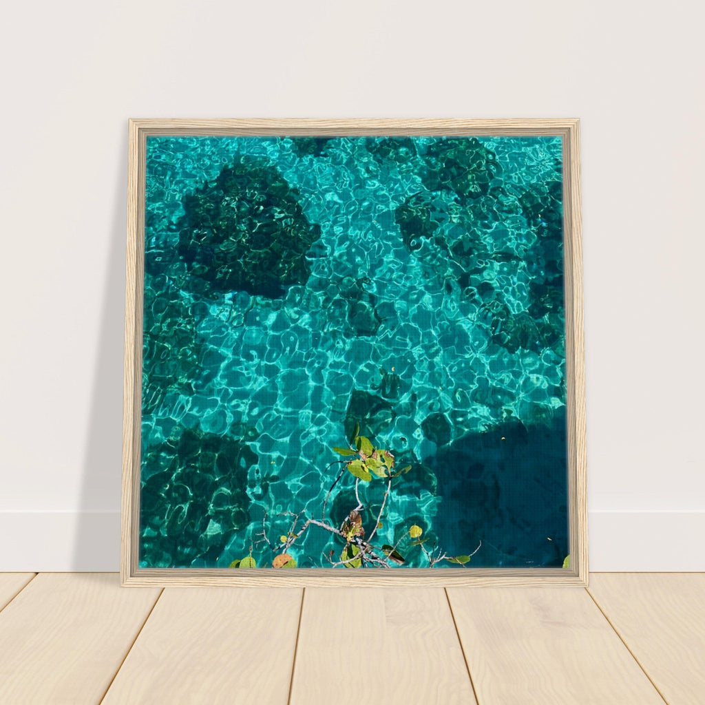 Framed tropical summer coastal artwork print on canvas, vibrant natural decor in 20x30 cm wood frame from travel collection.