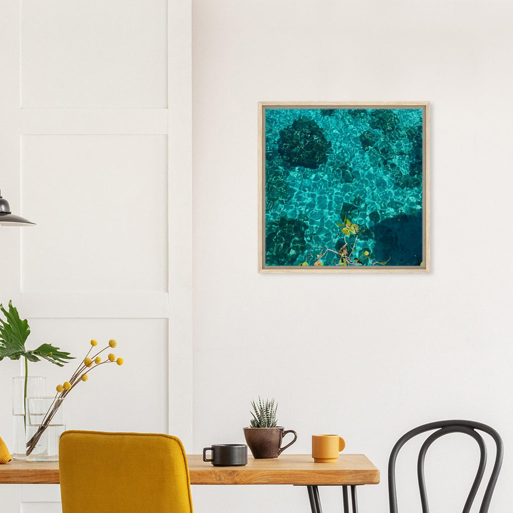 Framed tropical summer coastal art print on canvas with vibrant colors, natural decor, 20x30 cm wood frame, travel collection.