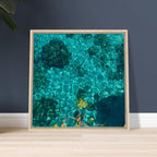 Framed tropical summer coastal artwork print on canvas, vibrant natural decor with a wooden frame, part of the travel collection.