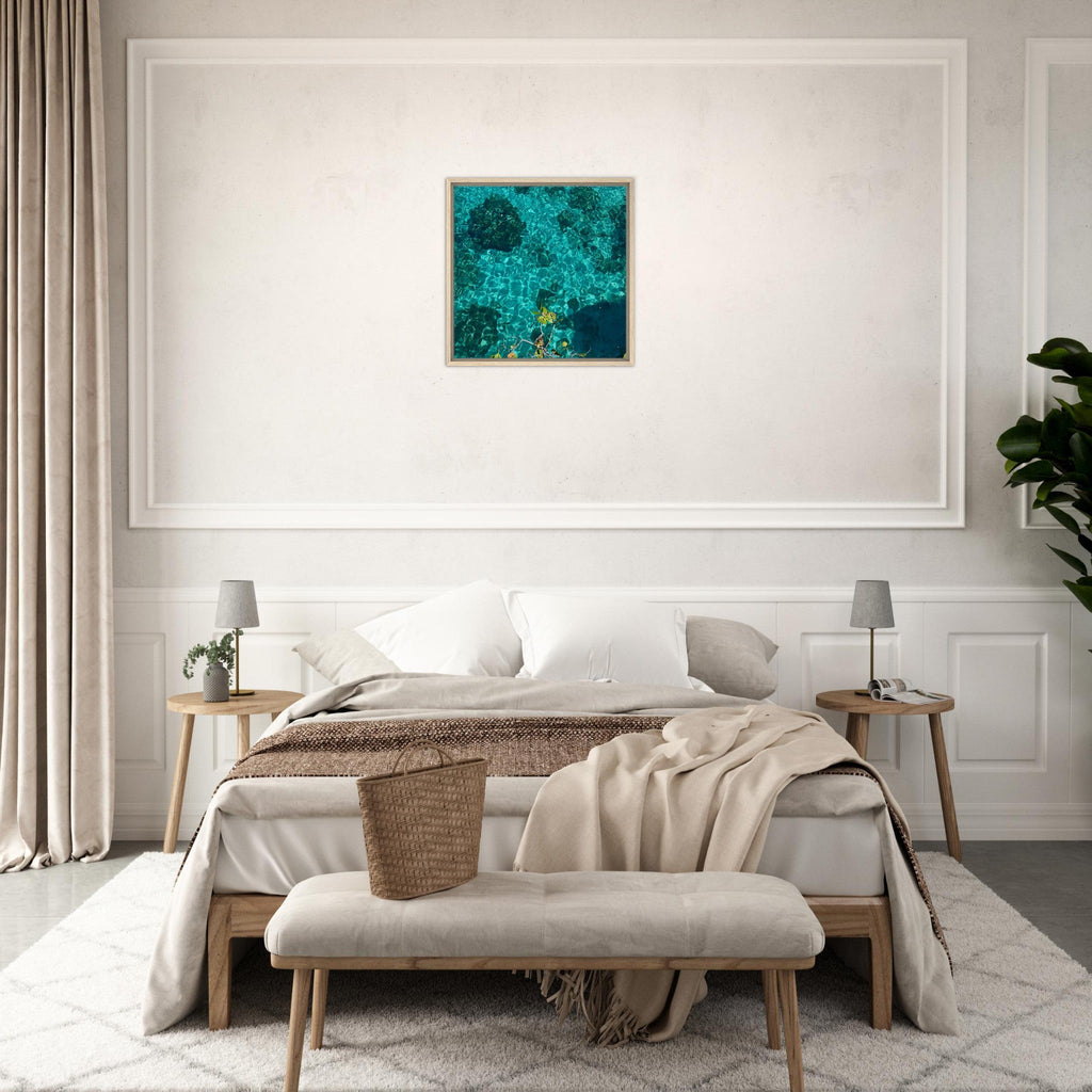 Framed tropical summer coastal artwork print on canvas with vibrant colors, 20x30 cm, natural decor from travel collection.