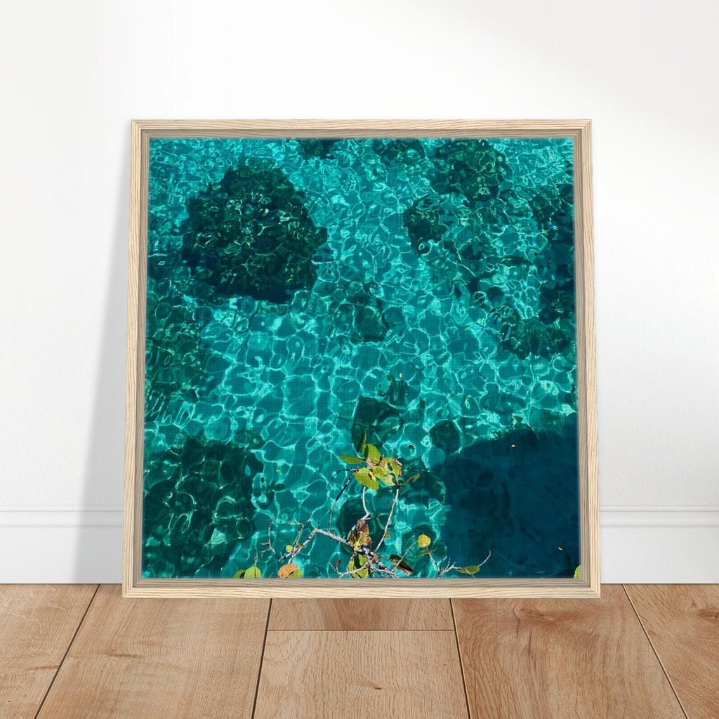 Framed tropical summer coastal artwork print on canvas, vibrant natural decor from the Travel Collection, 20x30 cm with wood frame.