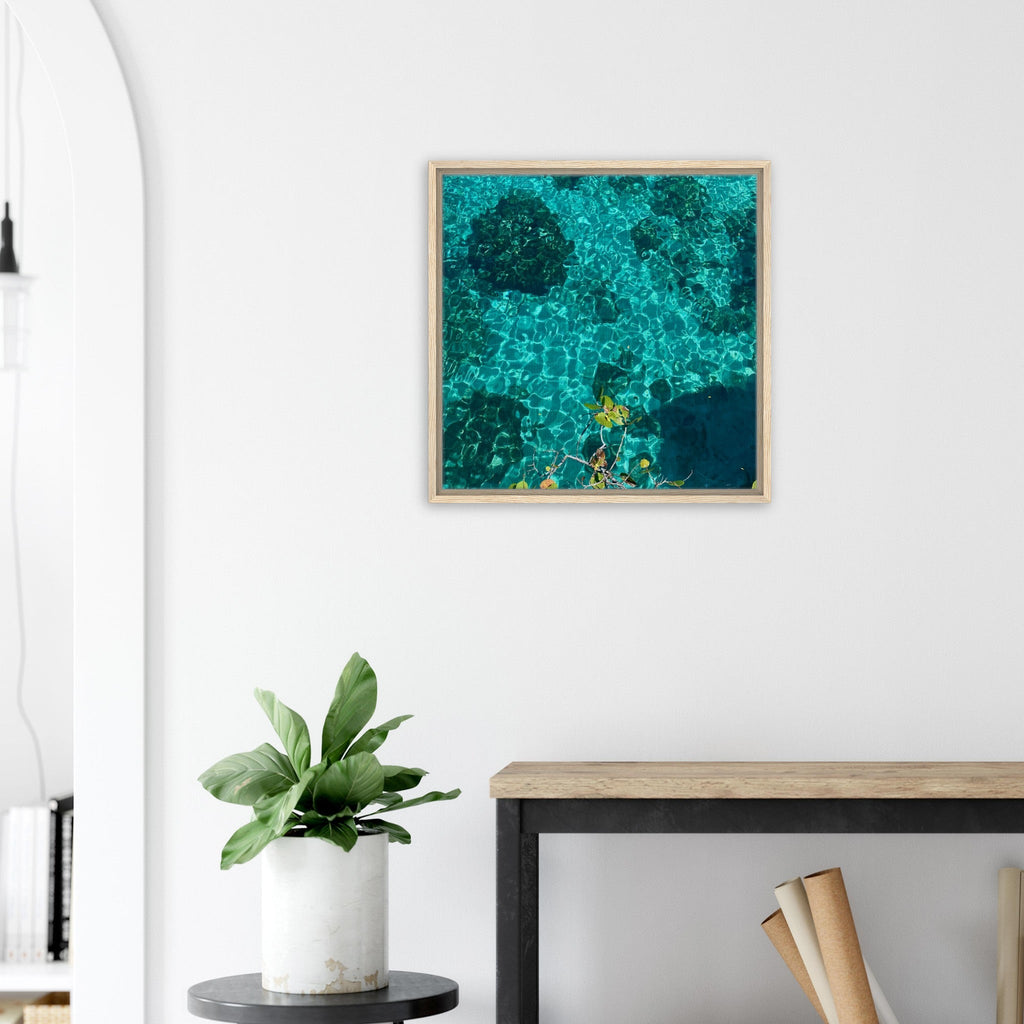 Framed tropical summer canvas print with vibrant coastal artwork, natural decor, 20x30 cm wood frame, part of the Travel Collection.