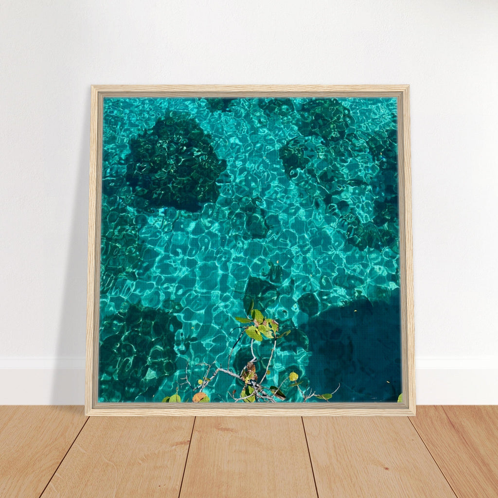 Framed tropical summer coastal art print on canvas with vibrant colors, natural decor, in a 20x30 cm wooden frame.
