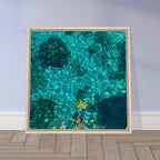 Framed tropical summer coastal artwork print on canvas with vibrant colors, natural decor, in a wooden frame, part of the Travel Collection.