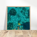 Framed tropical summer coastal art print on canvas with vibrant colors, natural decor, perfect for travel-inspired home decor.