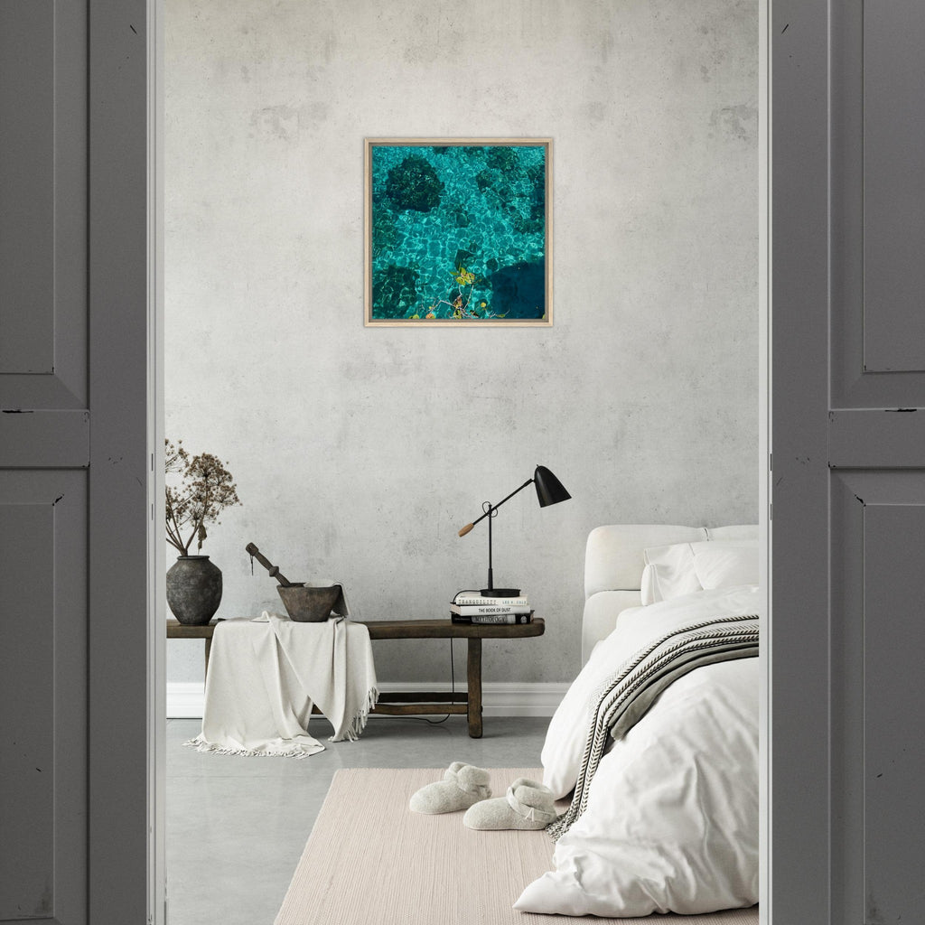 Framed tropical summer coastal artwork print on canvas with vibrant colors, natural decor for travel collection, 20x30 cm.