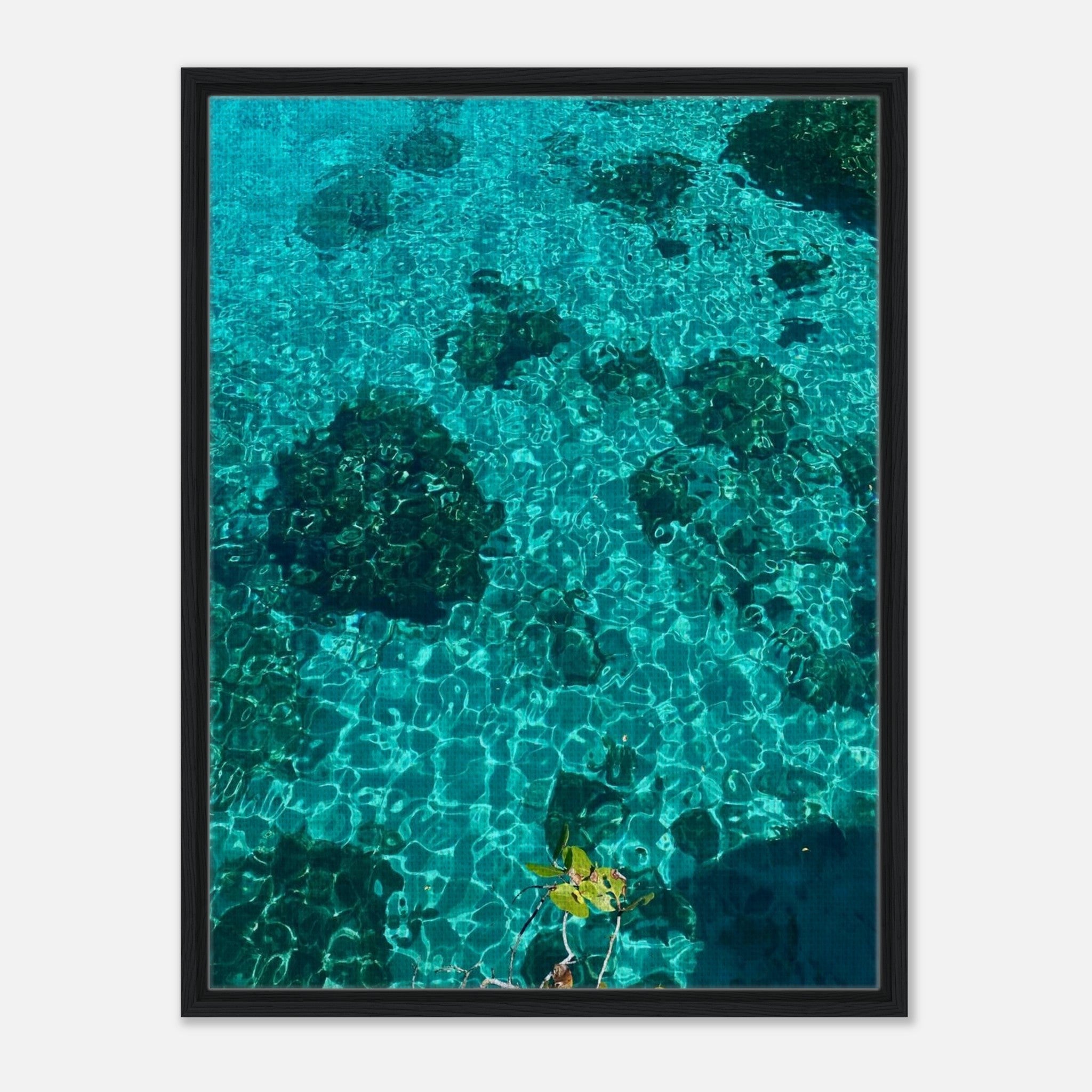Framed tropical summer coastal artwork print from the Travel Collection, featuring vibrant, natural beach and ocean scene on canvas.
