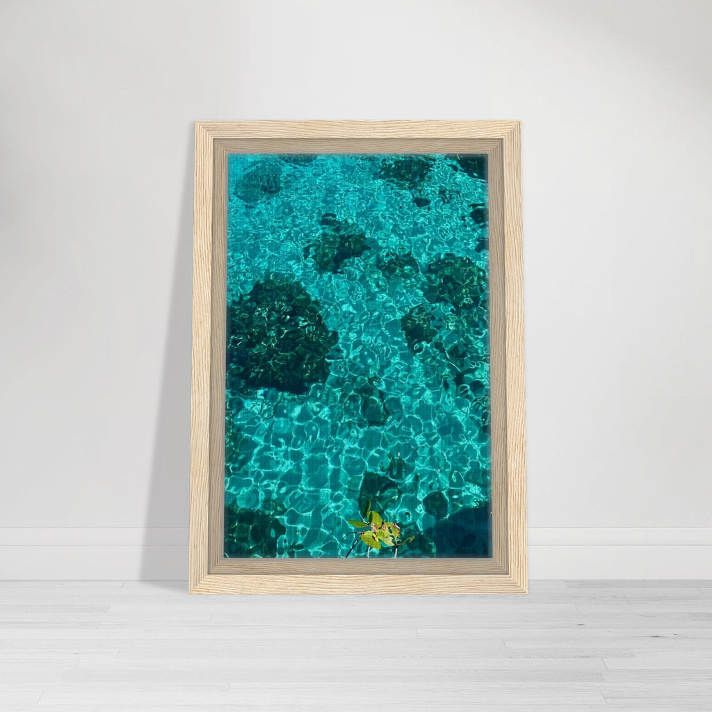 Framed tropical summer canvas print featuring vibrant coastal artwork, natural décor for travel collection, 20x30 cm size.