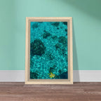 Framed tropical summer coastal artwork print on canvas with vibrant natural colors, 20x30 cm in a wooden frame.