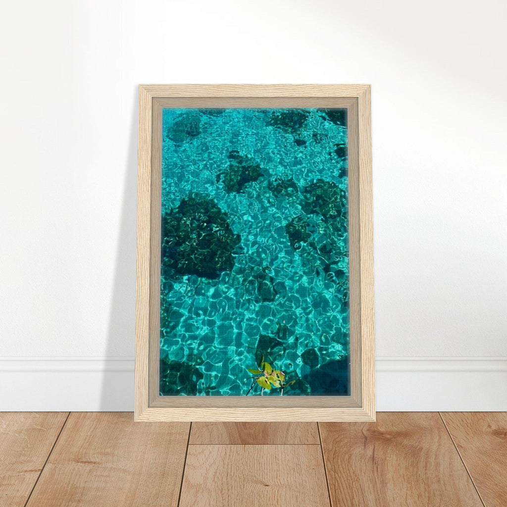 Framed tropical summer coastal artwork print on canvas, vibrant natural decor with 20x30 cm wood frame, part of travel collection.