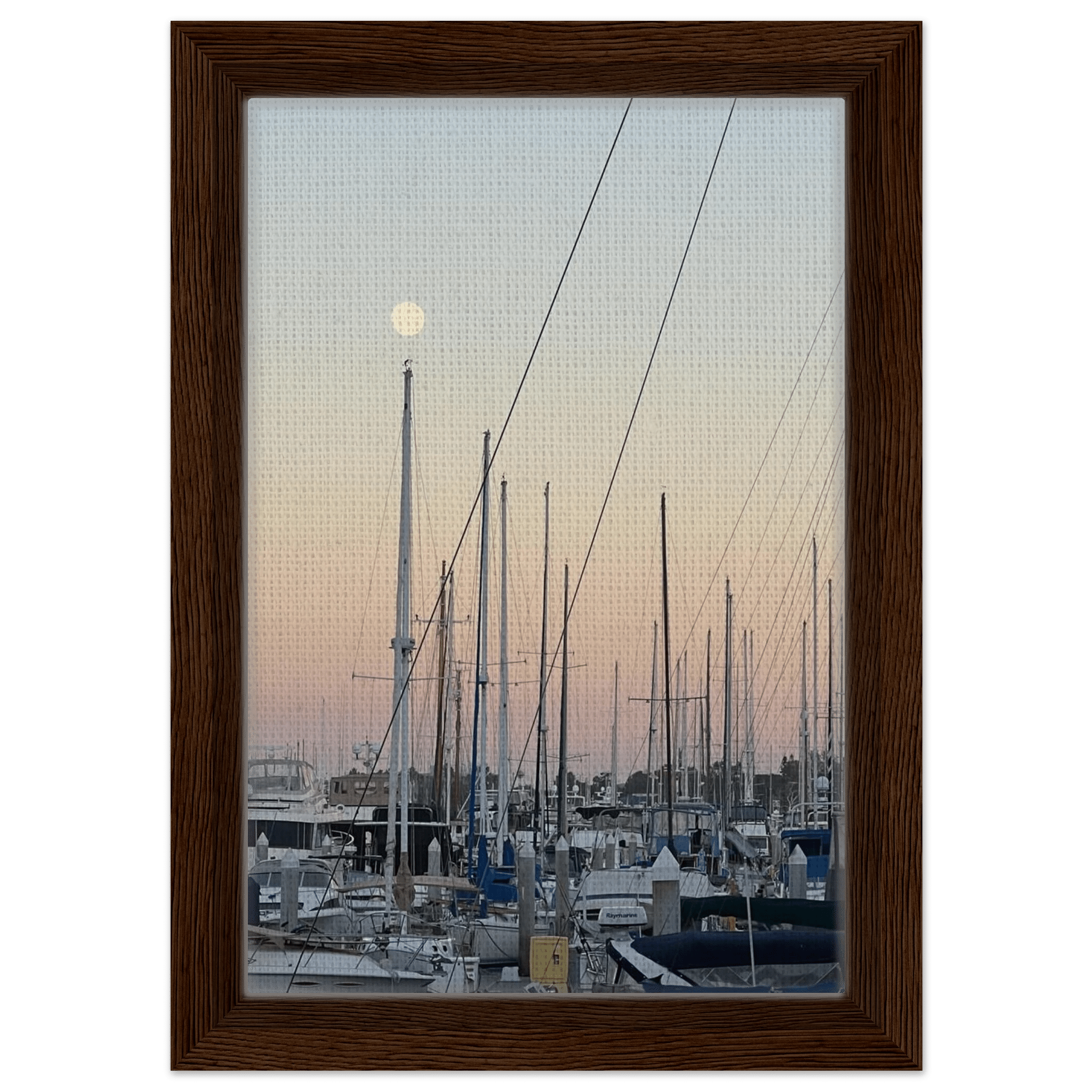 Framed canvas print of a summer evening marina scene in Marina Del Rey, California with nautical and chic tones, by California Canvas Studio.