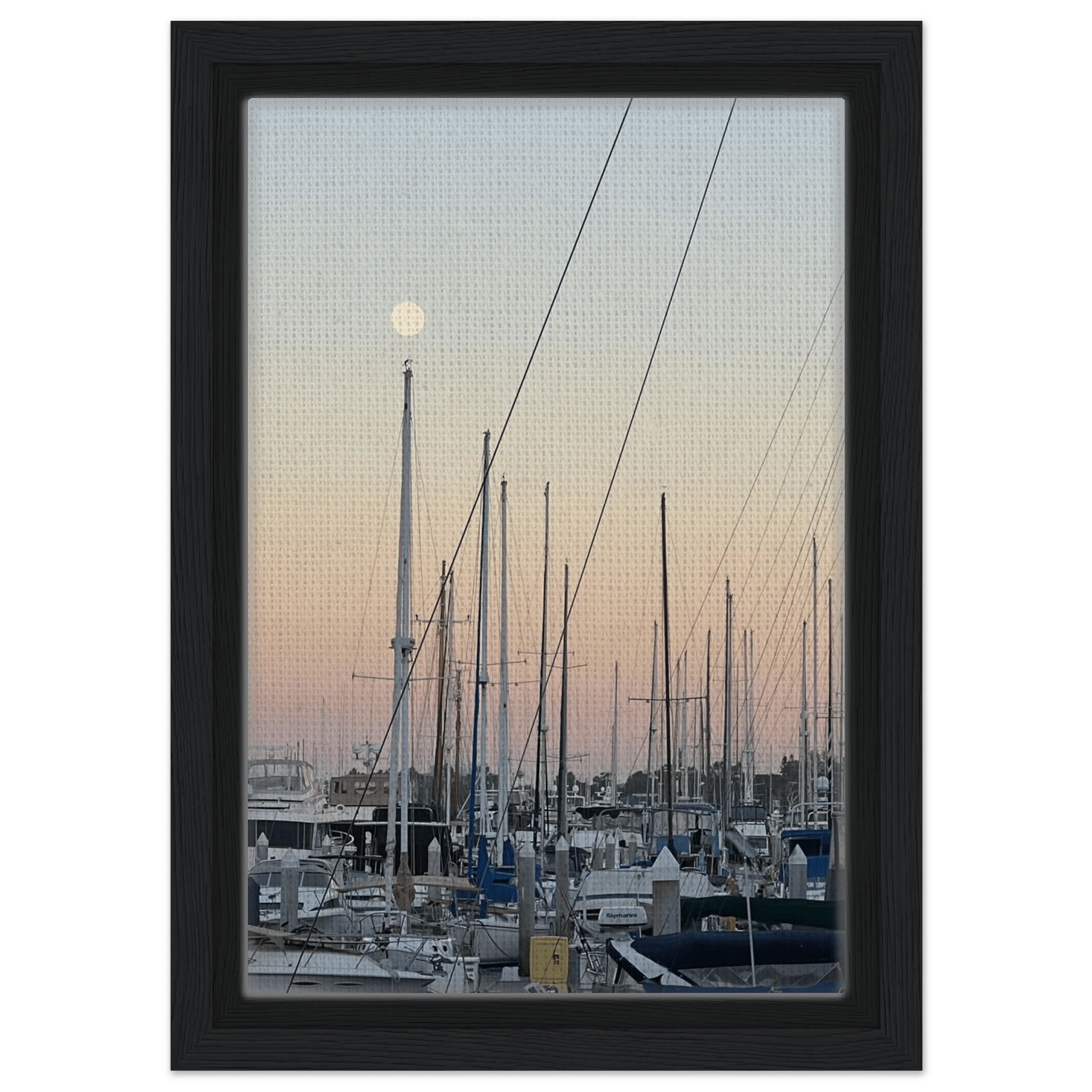 Framed canvas art print of a summer evening marina in Marina Del Rey, California, with nautical themes and chic tones.