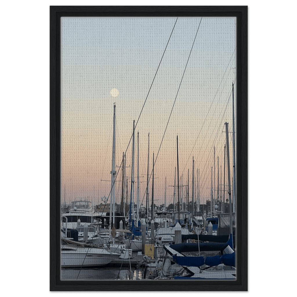 Framed canvas art print of Marina Del Rey summer evening scene with nautical theme and chic tones, 20x30 cm wood frame.