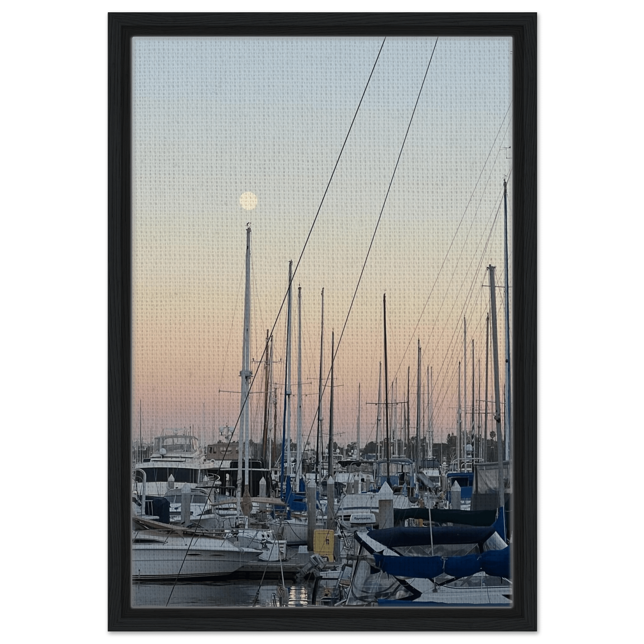 Framed canvas art print of Marina Del Rey summer evening scene with nautical theme and chic tones, 20x30 cm wood frame.