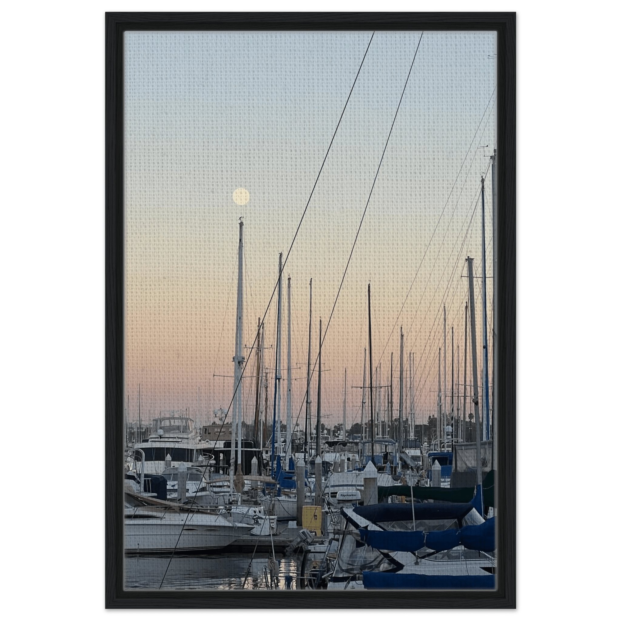 Framed canvas art print of a summer evening marina scene in Marina del Rey, CA with nautical and chic tones, by California Canvas.