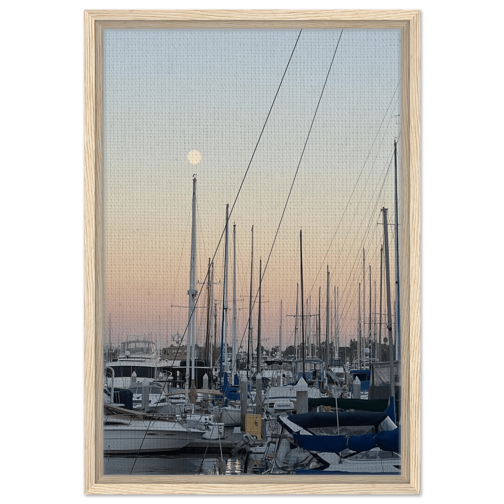 Framed canvas print of a summer evening marina scene in Marina Del Rey, CA with nautical themes and chic tones, California Canvas Studio Edition.